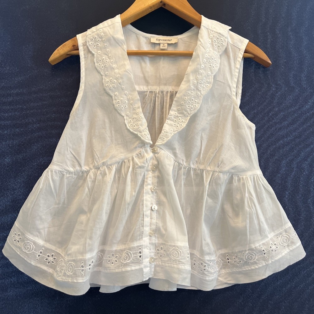 Francesca’s Sleeveless Eyelet Blouse Cotton White  Size S Cottagecore
