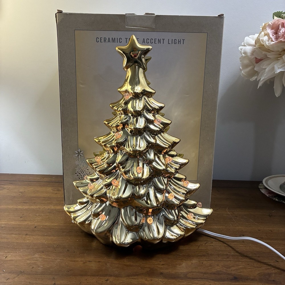 Cracker Barrel Exclusive Ceramic GOLD Christmas Tree Accent Light 12”-image