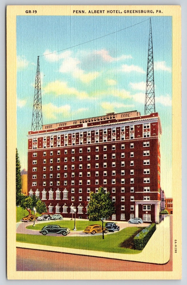Greensburg Pennsylvania~Penn Albert Hotel~Radio Towers~Automobile~Linen Postcard