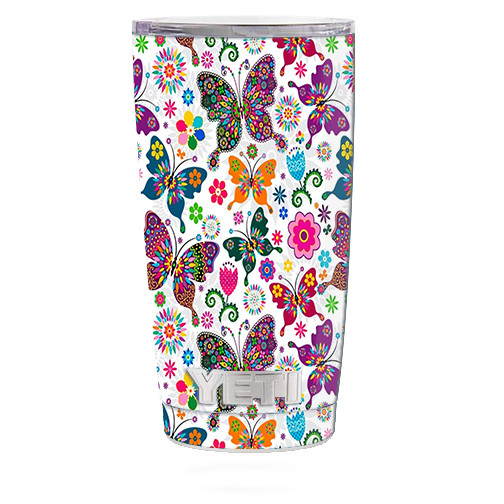Skin Decal for Yeti 20 oz Rambler Tumbler Cup / Butterflies Colorful Floral
