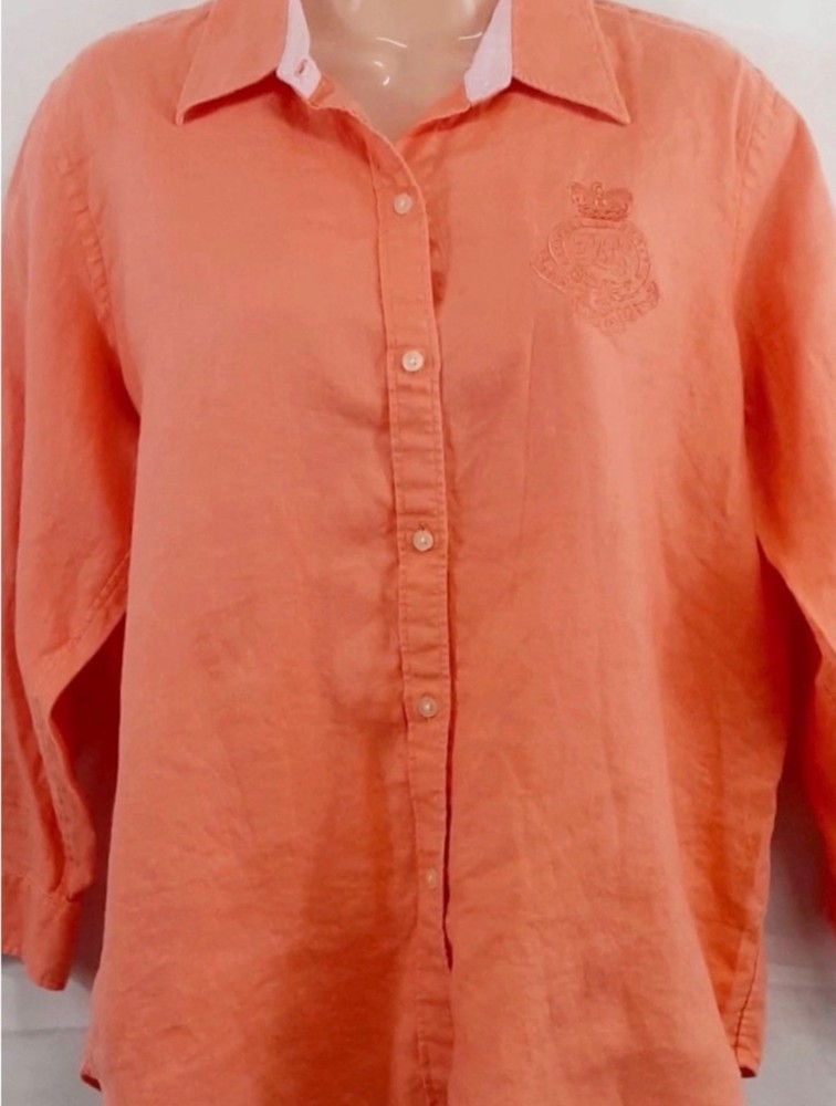 Ralph Lauren 100% Linen Women Shirt Size Large orange 3/4 sleeves
