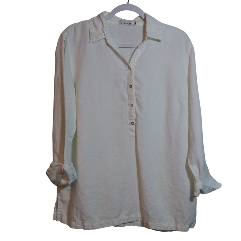 Cut Loose White Half Button-Up Women's Linen Popover Top Natural Minimalist Sz S