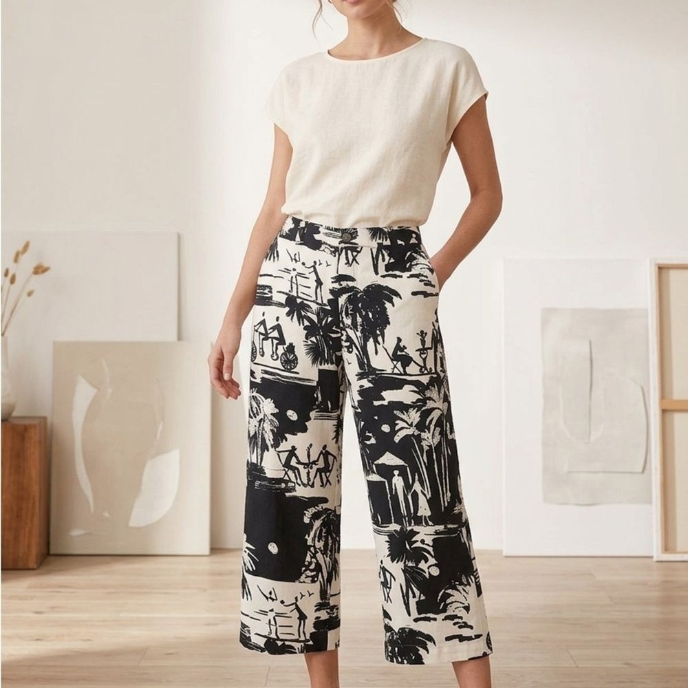 Chico's Size 0 Black White Abstract Palm Beach Scene Cropped Pants Trousers-image