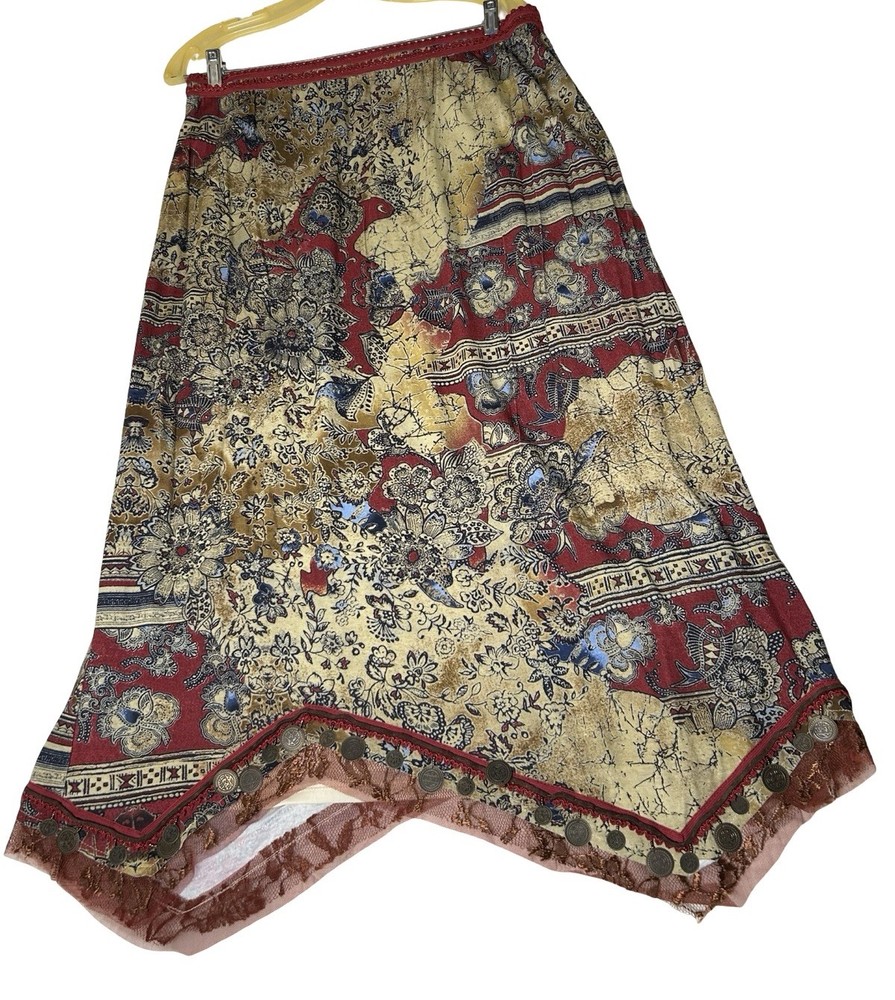 VTG Bohemian Eclectic Maxi Skirt Size Large Red Multi Boho Print Mesh Coins Trim