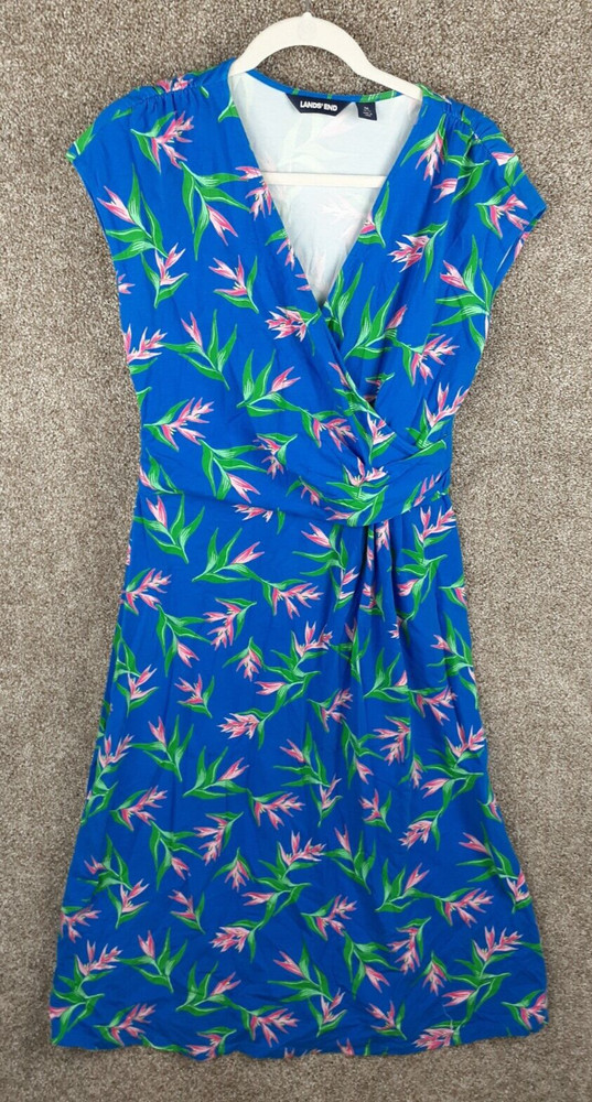 Lands' End Midi Dress Womens M 10-12 Blue Pink Floral Knit Cap Sleeve V-Neck