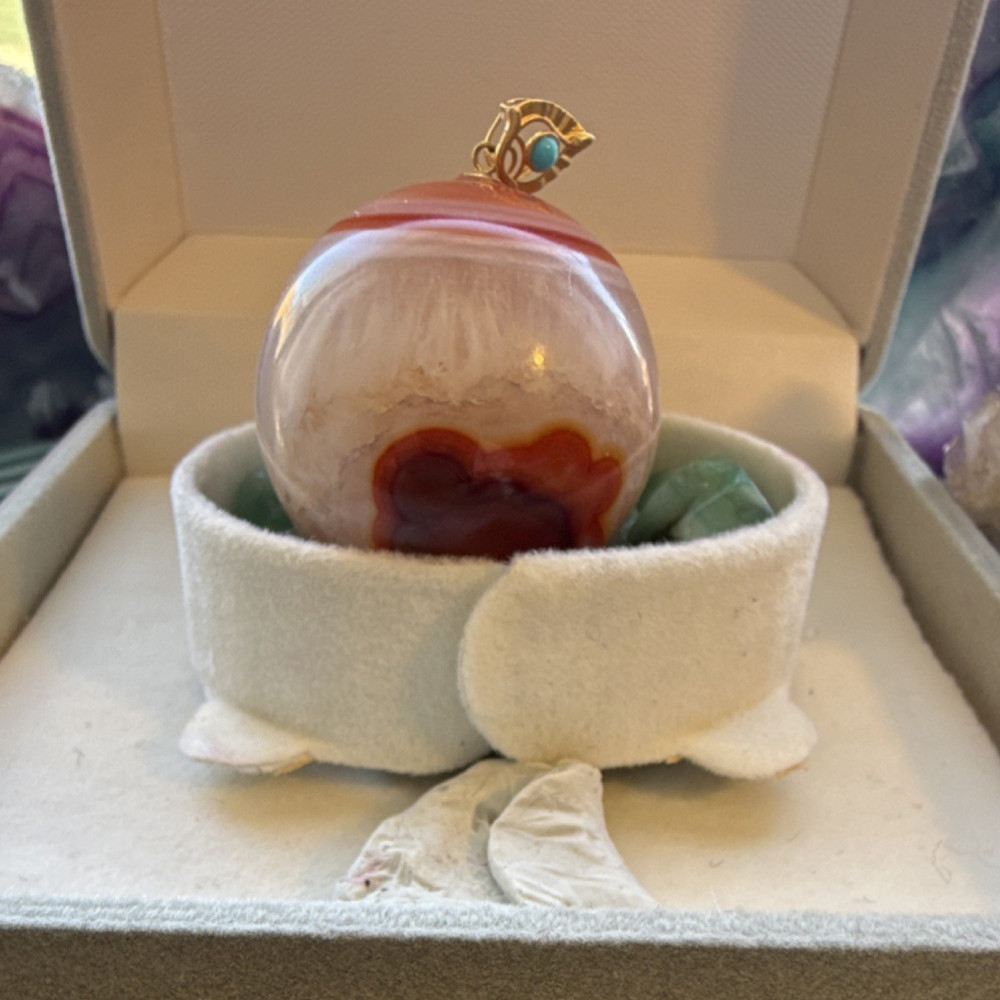 Red White Agate sphere Pendant with 18k Gold Bail, Turquoise Accent Charm