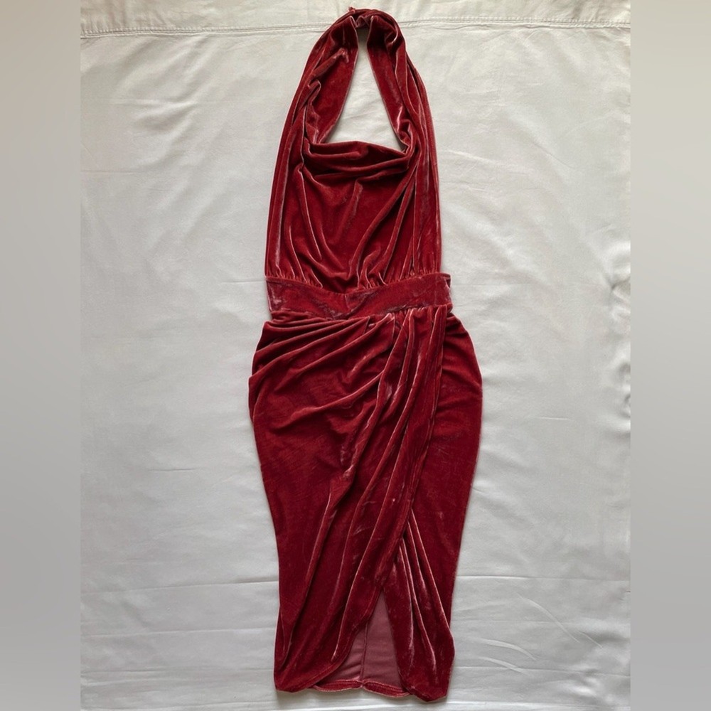 NWT Nasty Gal Burnt Orange Velour Bodycon Halter Wrap Dress Size 10