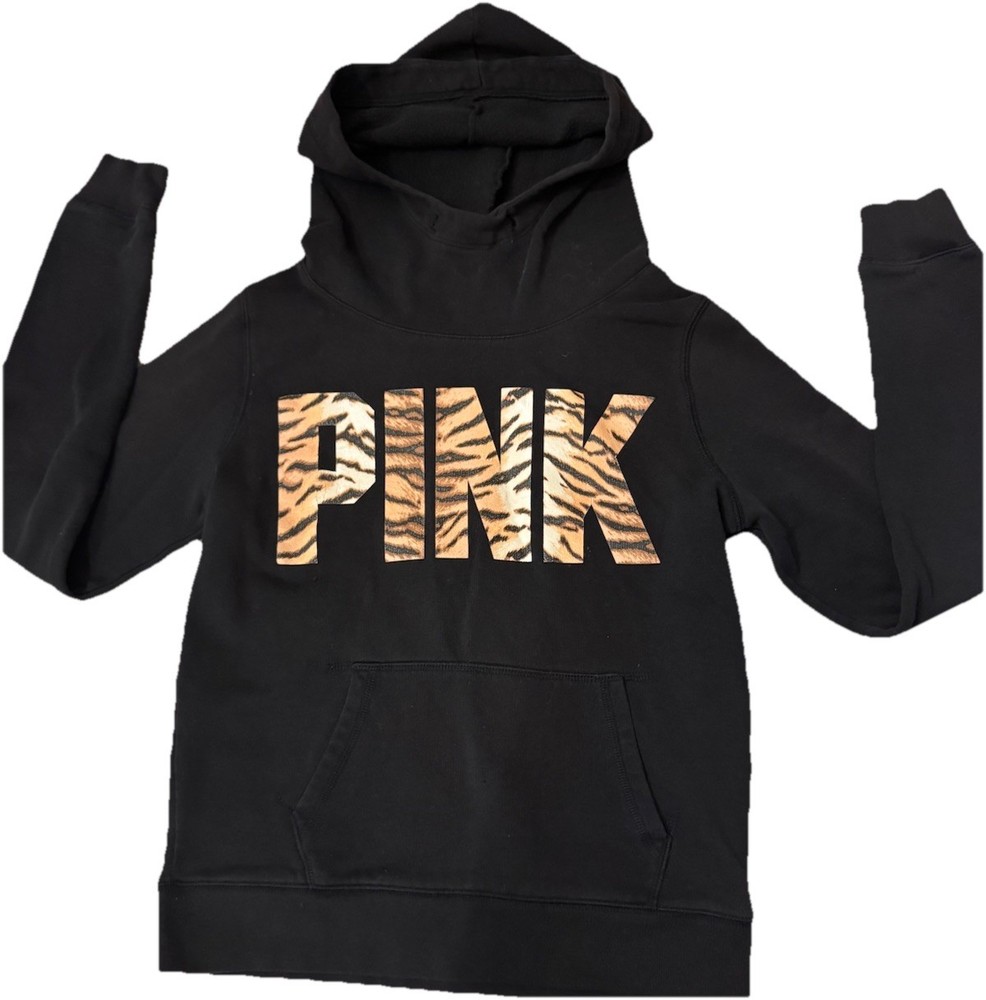 PINK Victoria's Secret Black Tiger Logo Fleece Pullover Hoodie Hooded Size S