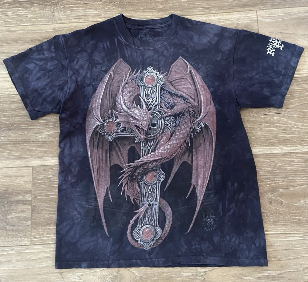 Vintage Mountain Shirt Medium Dragon Cross Medieval Renaissance Goth Faded Y2K