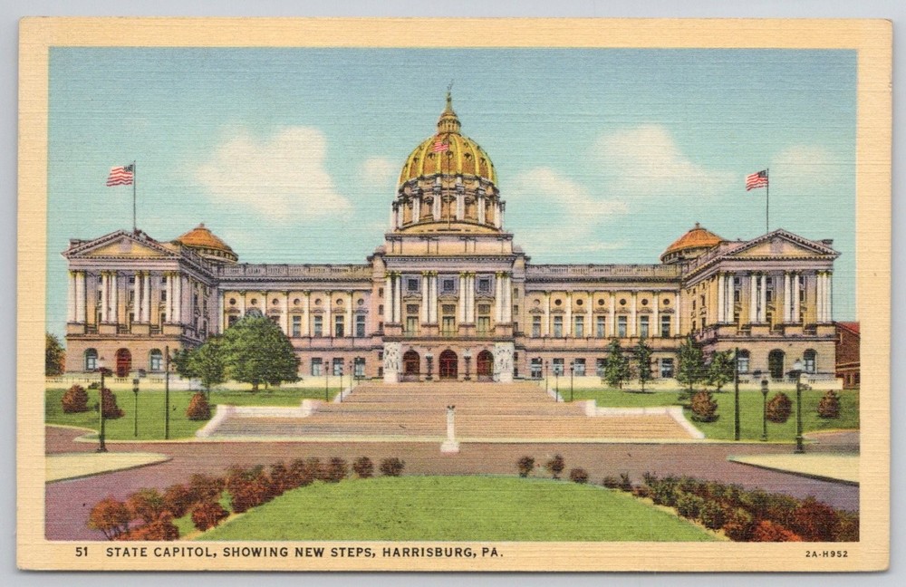 Harrisburg PA State Capitol Building New Steps Curteich Linen Postcard