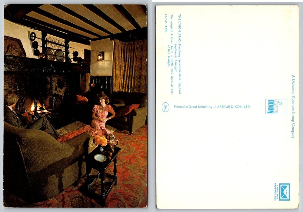 Lygon Arms Broadway Worcestershire England Inglenook Lounge Vintage Postcard