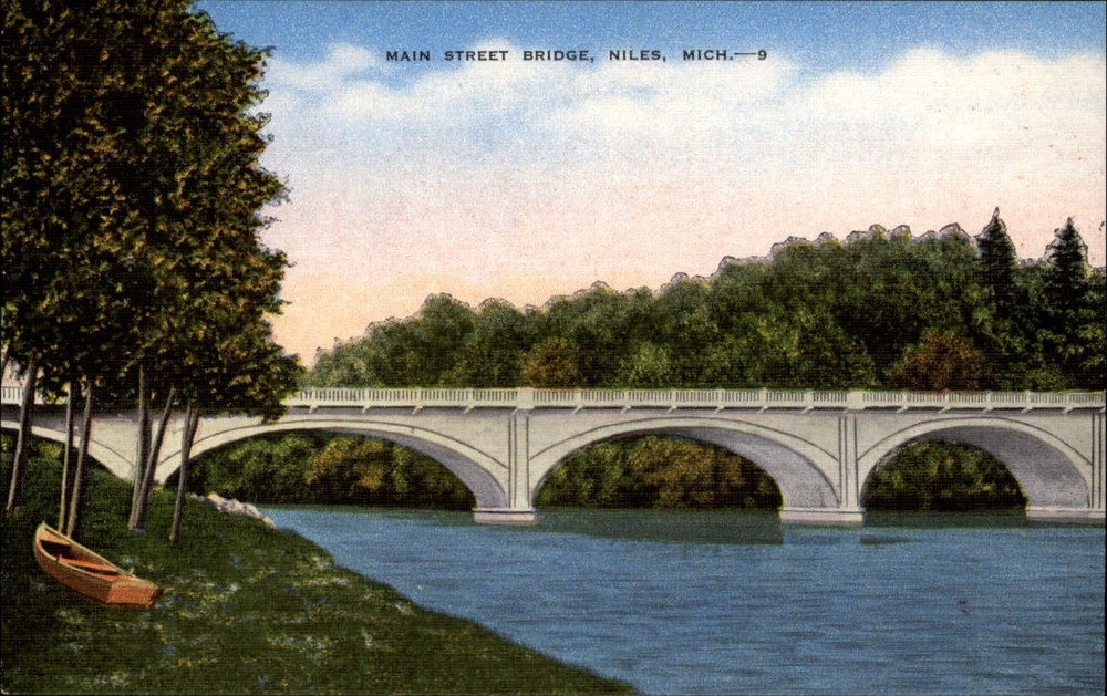 Main Street Bridge ~ Niles Michigan ~ St Joseph River ~ 1940s linen postcard