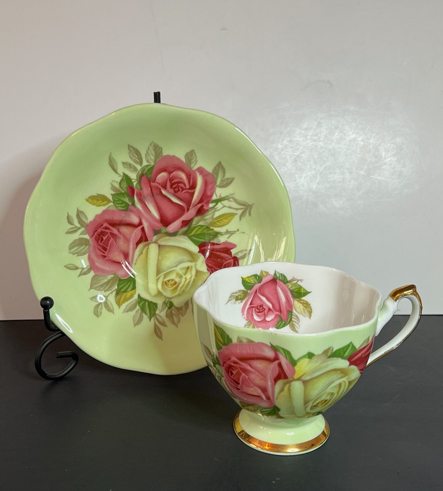 Vintage Queen Anne Yellow and Red Roses on Green Tea Cup and Saucer Set