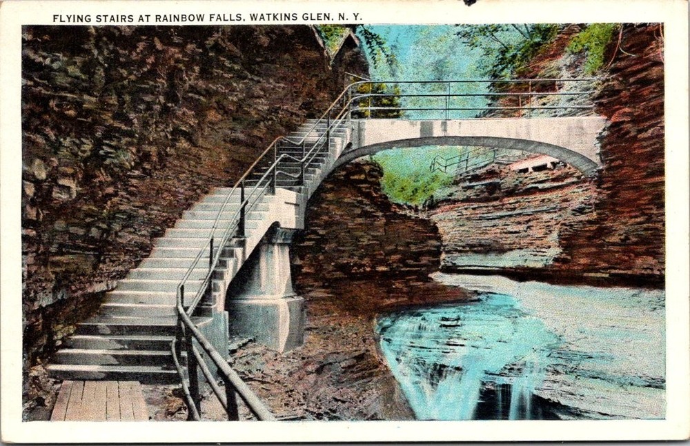 Vintage Flying Stairs Rainbow Falls Watkins Glen NY Linen Postcard