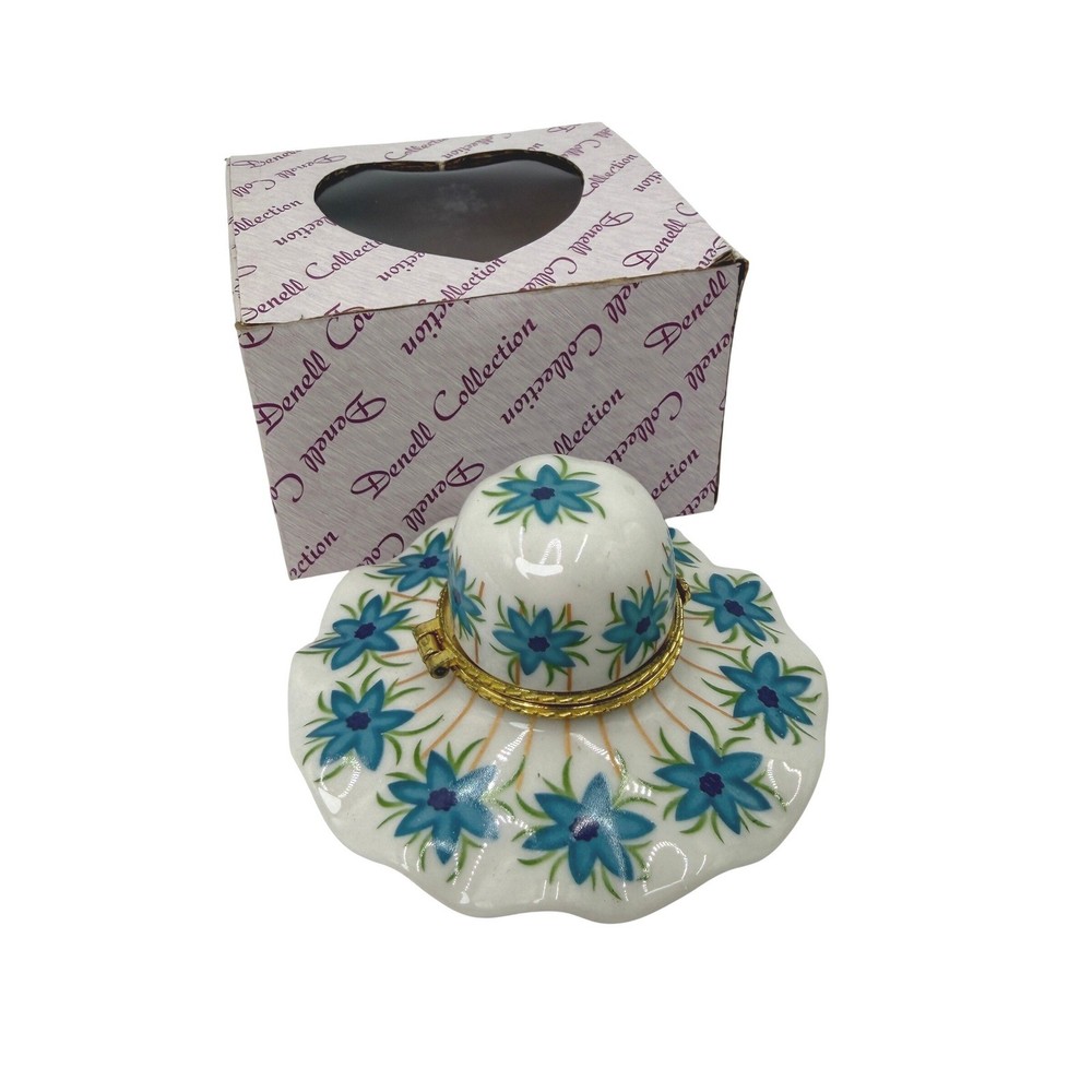 Porcelain Sun Hat Hinged Trinket Box Blue Floral White Gold