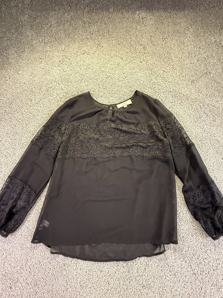 The Loft Black Sheer Blouse With Lace Size Large Black