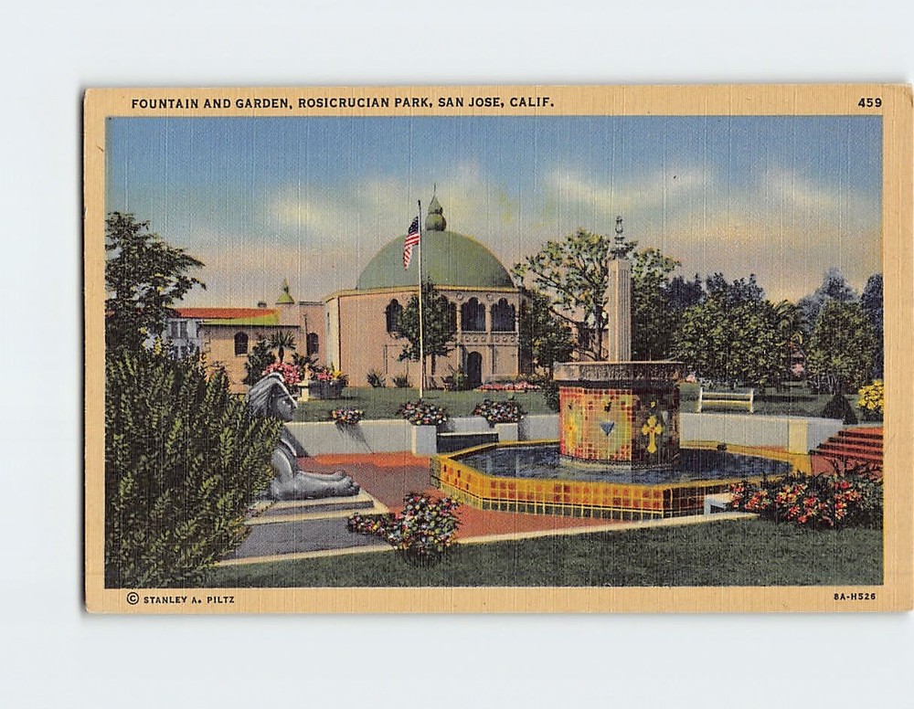 Postcard Fountain & Garden Rosicrucian Park San Jose California USA