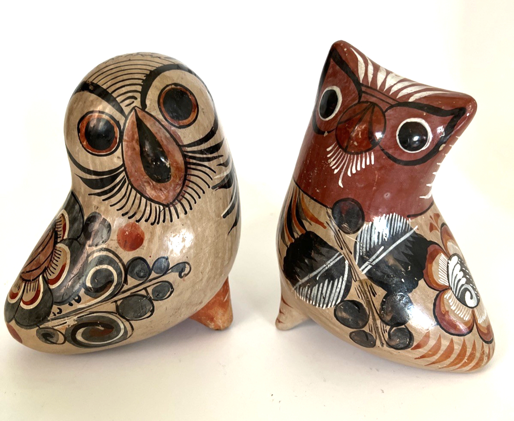 2 Vintage TONALA POTTERY Mexican Hand Painted Clay Owl Bird  About 5