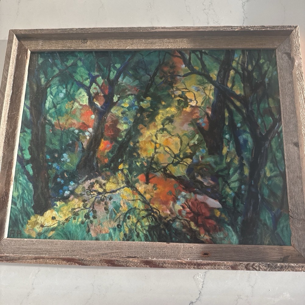Original Oil Painting 1959 Abstract Forest Signed Trees Landscape Framed Art-image