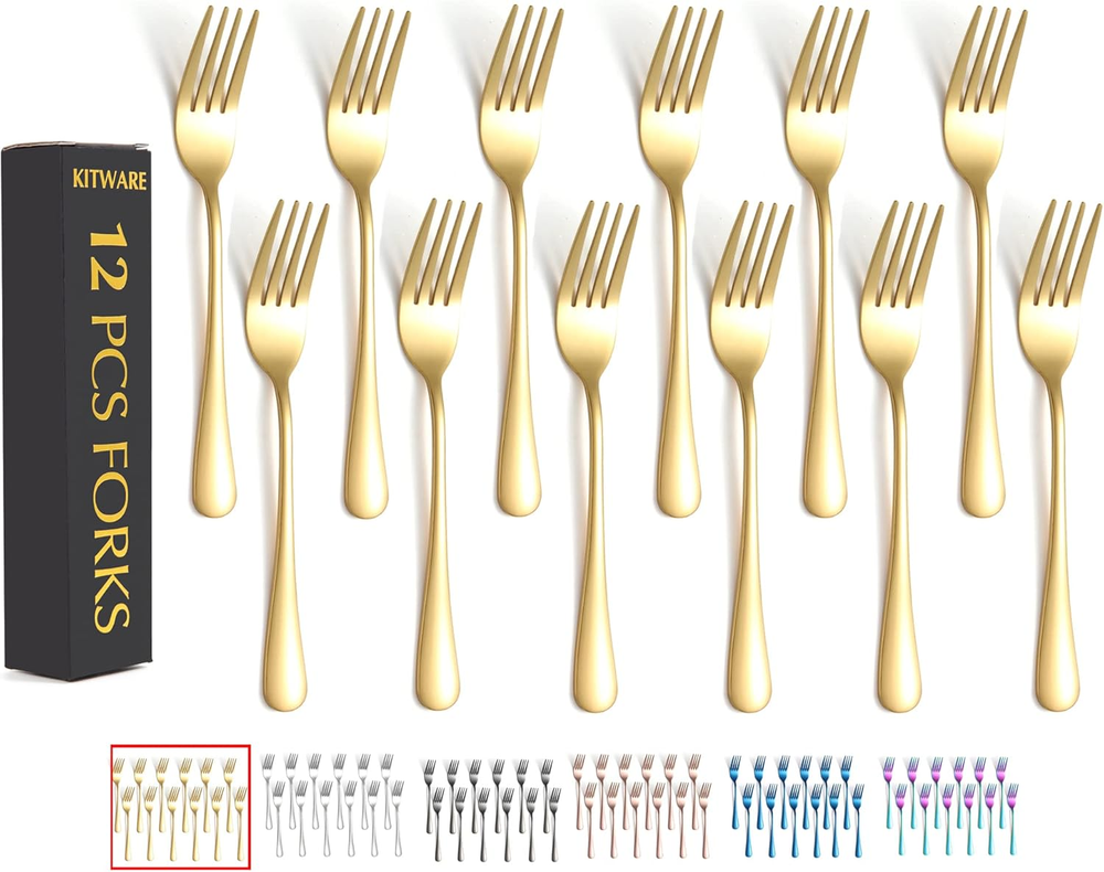 12 Pieces Gold Salad Forks Set, Stainless Steel Flatware Utensils, Home & Kitche