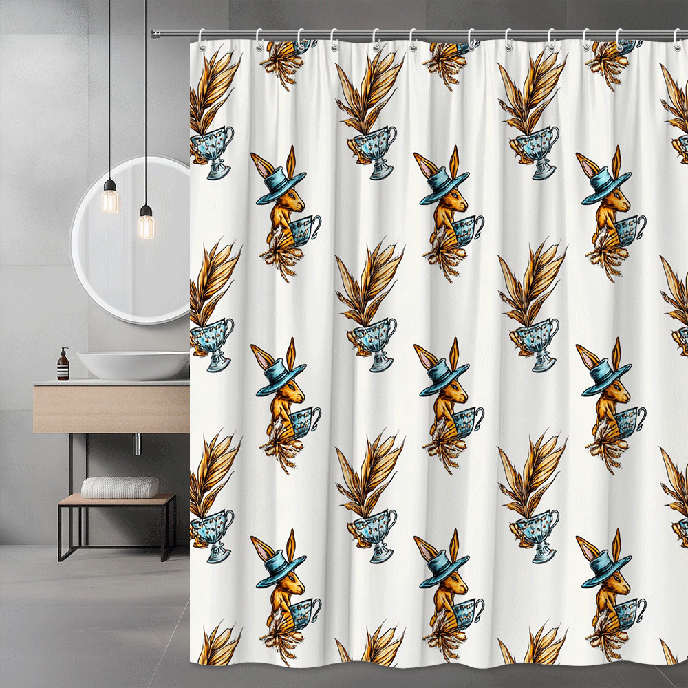 Rabbit Tea Cup Shower Curtain Floral Repeat Print