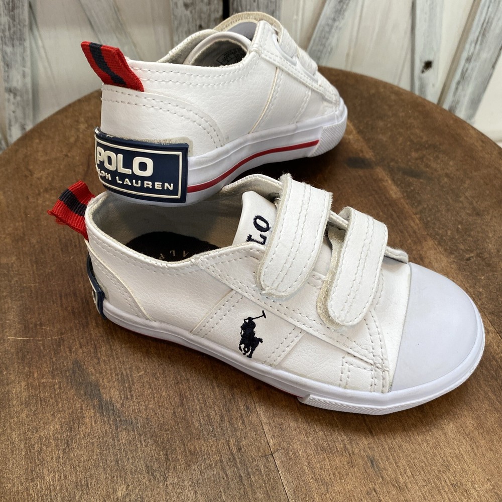 Polo Ralph Lauren White Shoes Toddler  Leather EZ Kids Sz 8 Easy Closure EUC