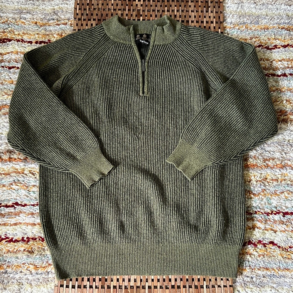 Barbour Forest Green Tweed Wool Half Zip Pullover Sweater Men Size Large L
