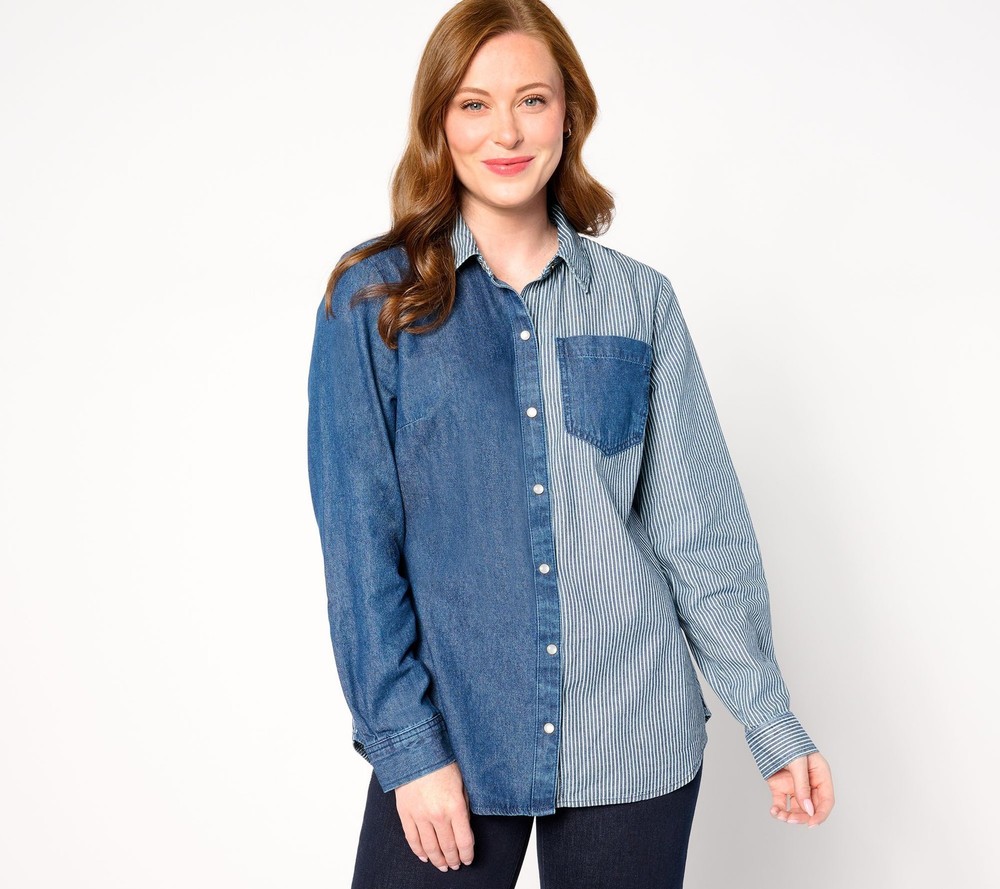 SUNNYLiFE Women's Top Sz M Pieced Denim Snap-Front Shirt Blue A653582