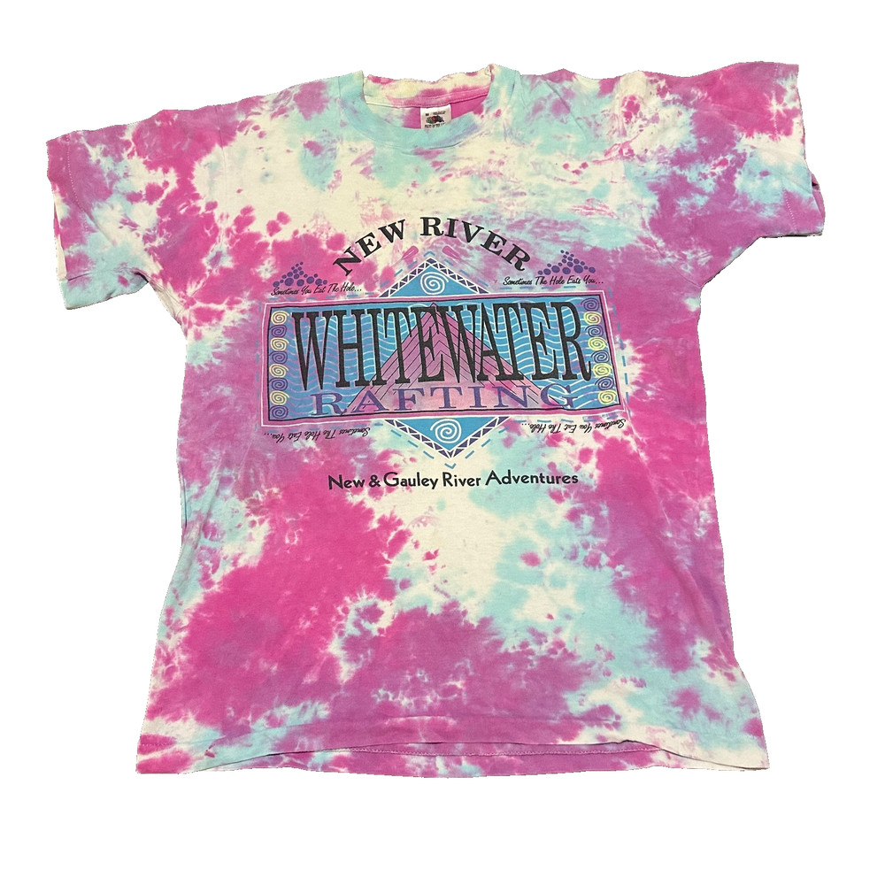 VTG 90s New River White Water Rafting East West T Shirt Tie Dye M Medium USA