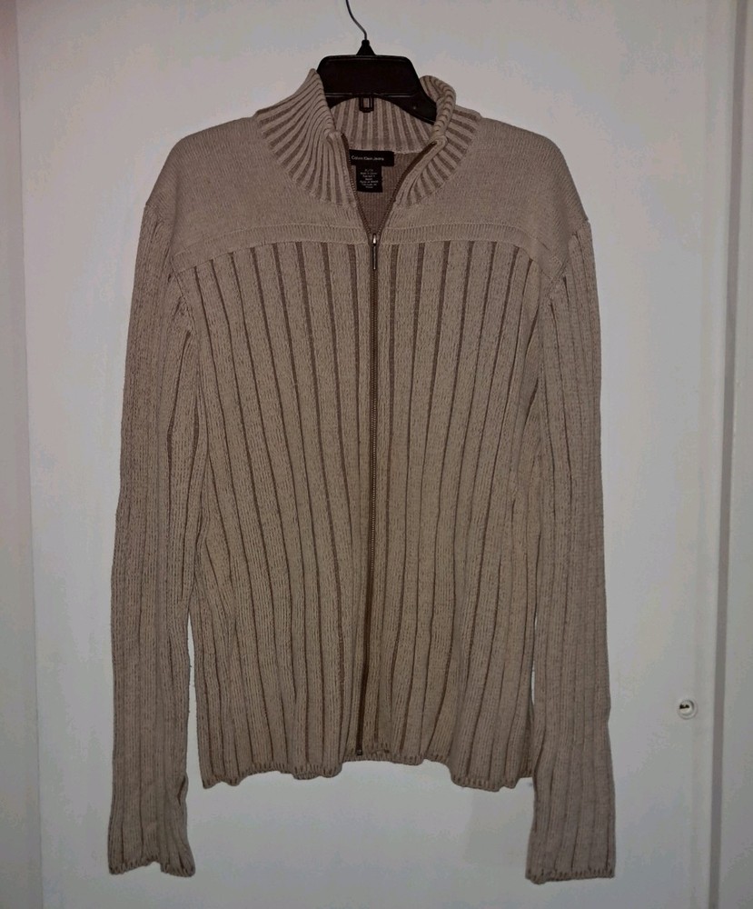 Vintage Y2K Calvin Klein XL Stretch Knit Sweater Cardigan Jacket Zip Up Tan