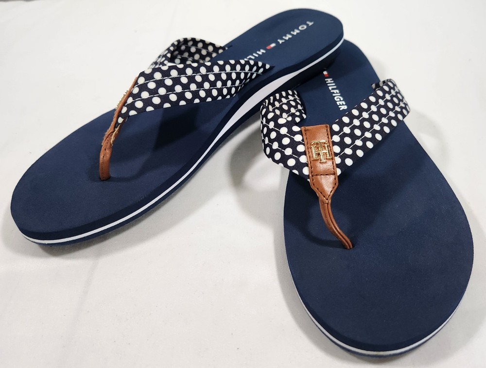 Tommy Hilfiger Navy Polka Dot Thong Flip Flops Women Size 11M