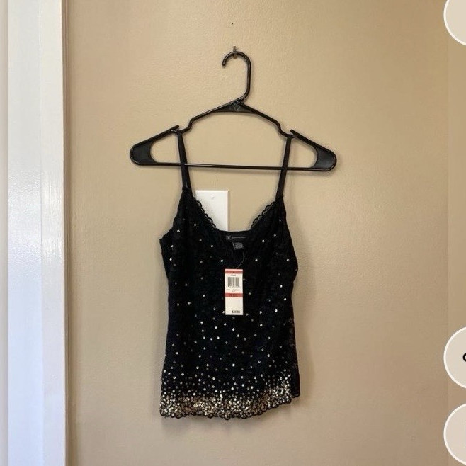 INC International Concepts Black Lace Sequin V-Neck Camisole Tank P/P Pullover