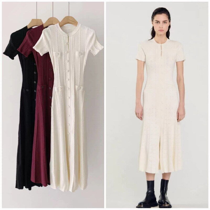 Sandro Women Short sleeve selvedge Hollow out long Knitted dress
