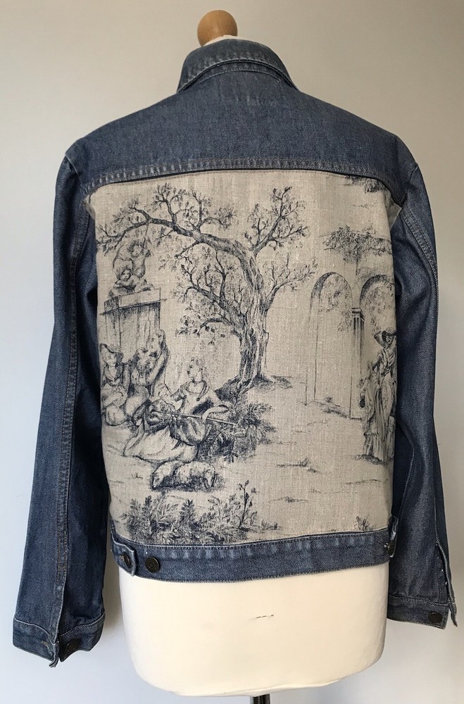 Upcycled Denim Jacket Ladies 14 Toile De Jouy Blue Jeans Trucker Style Tapestry