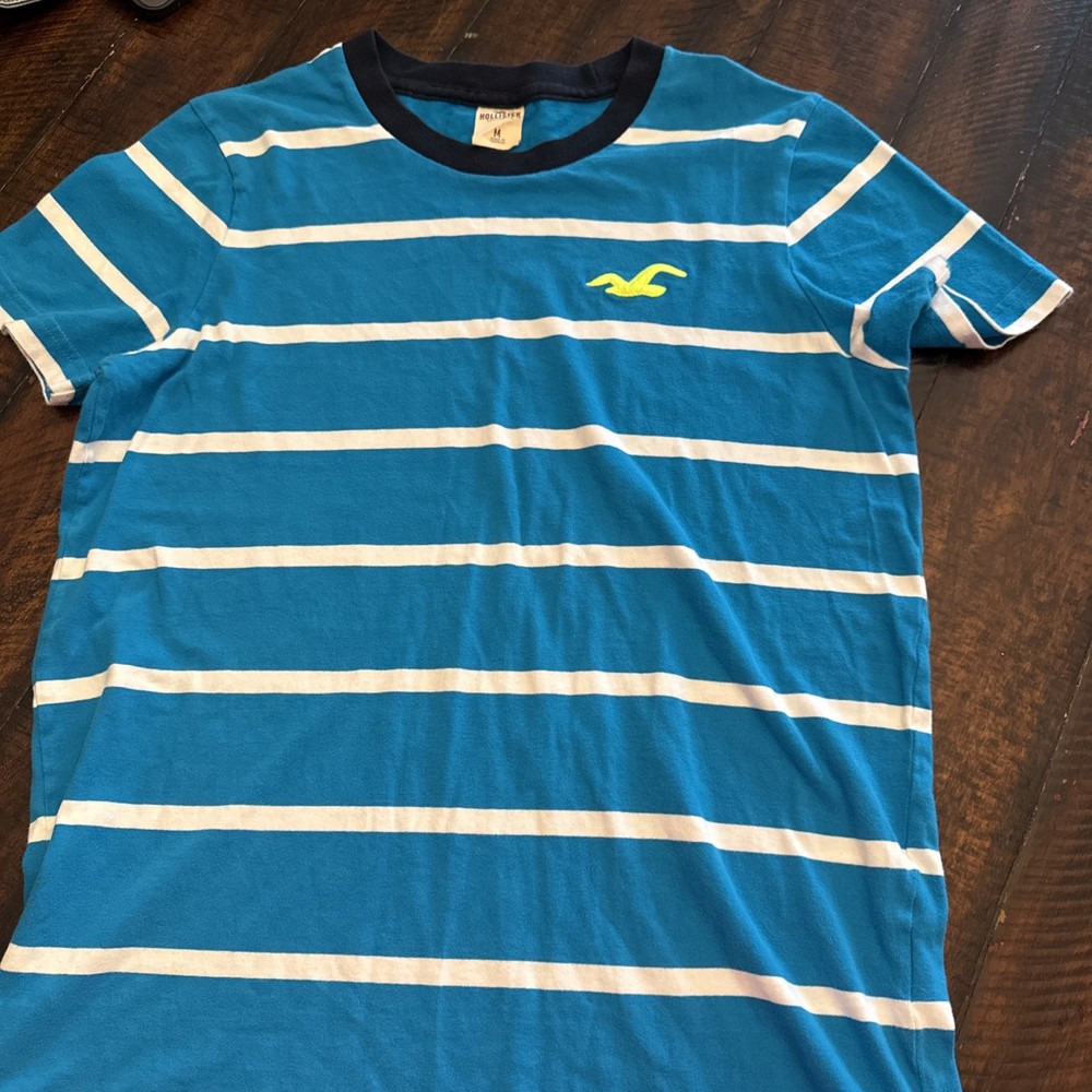 Hollister Men's Teal Blue & White Striped Crew Neck Logo T-Shirt Size M