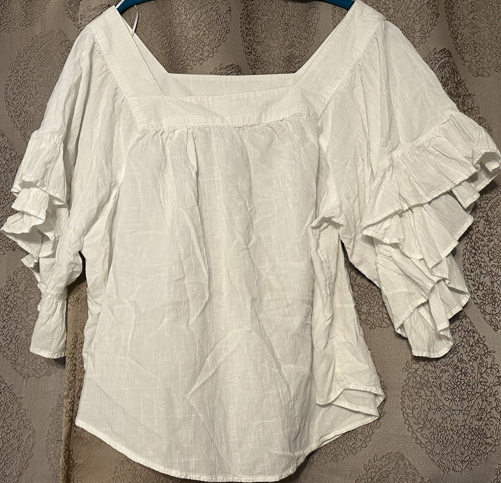 Terra & Sky White Ruffle Sleeve Square Neck Blouse 1X Plus Size
