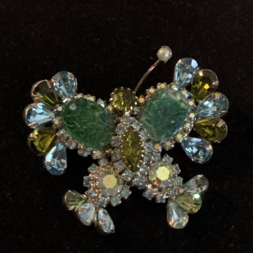 Juliana D&E Vintage Butterfly Brooch Molded Green Blue Pearl Goldtone