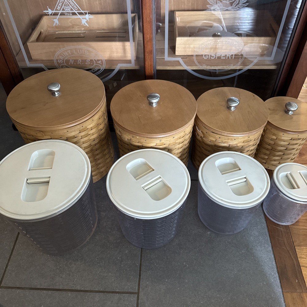 Longaberger Warm Brown Basket Canisters W/ Lids & Lidded Protectors~Set of 4