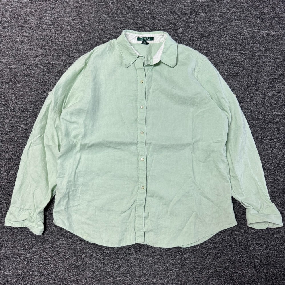 Vintage Lauren Ralph Lauren 100% Linen Button Up Shirt Top Sz L Mint Green