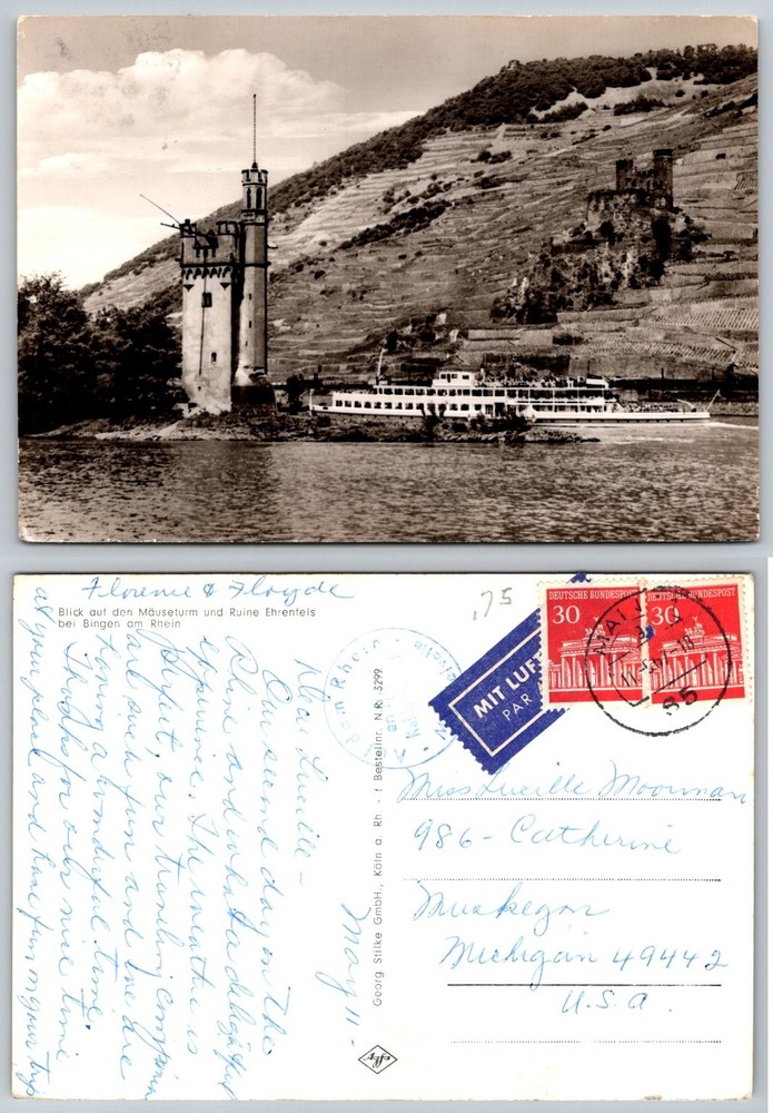 1960 Bingen Rhine River Germany Mäuseturm Ehrenfels Castle Steamboat Postcard