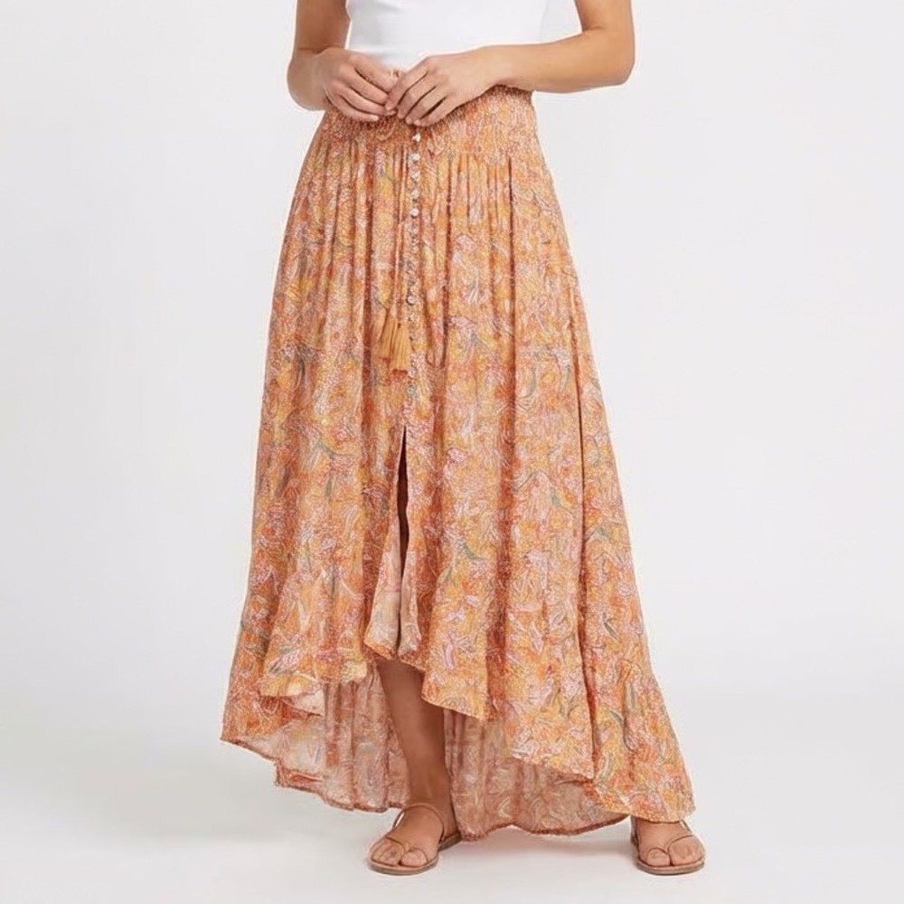 Rachel Zoe Maxi Skirt Womens XL Orange Floral Pleated Smocked Waist Button Front