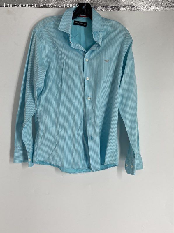 Giorgio Armani Mens Blue Striped Collared Long Sleeve Button-Up Shirt Size L