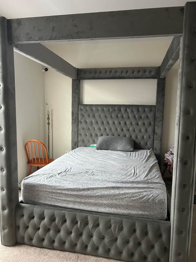 Gray Queen Canopy Bed Set Luxurious Bedroom Furniture