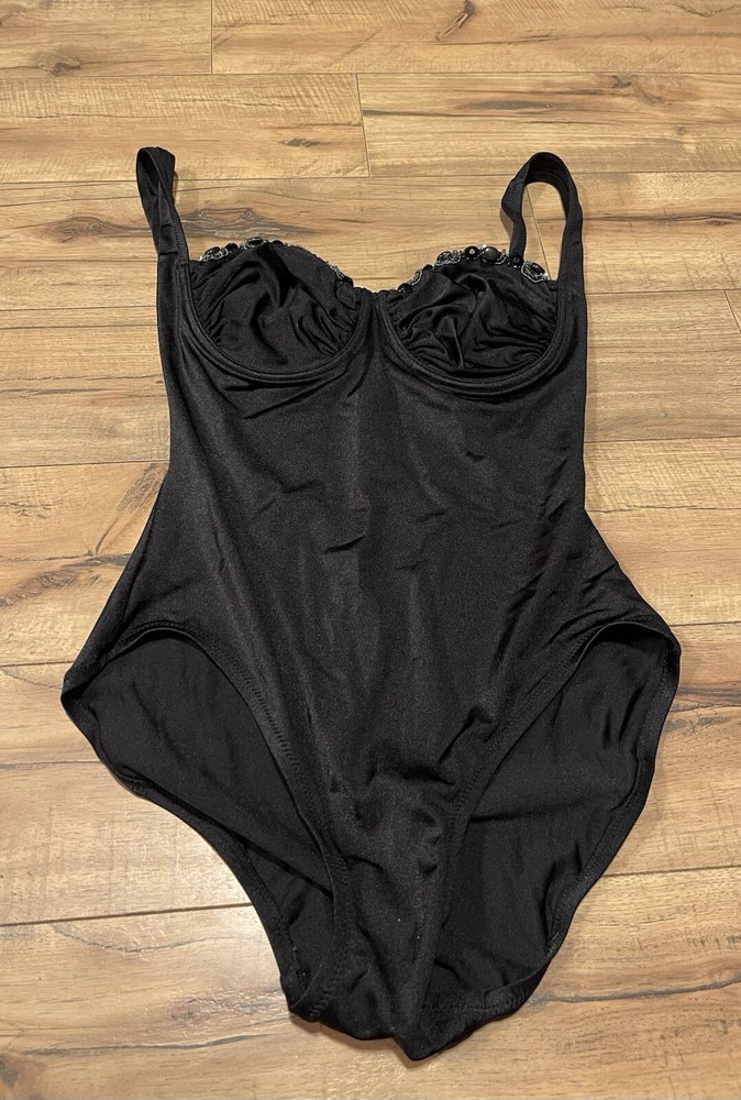 DKNY Womens Black Rhinestone Embellished One Piece Swimsuit Size 8