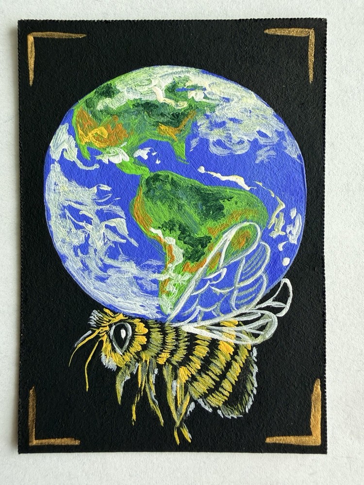 ACEO Original Bee, Planet Earth, Whimsical, Symbol, Honey Bee, Nature, Insect