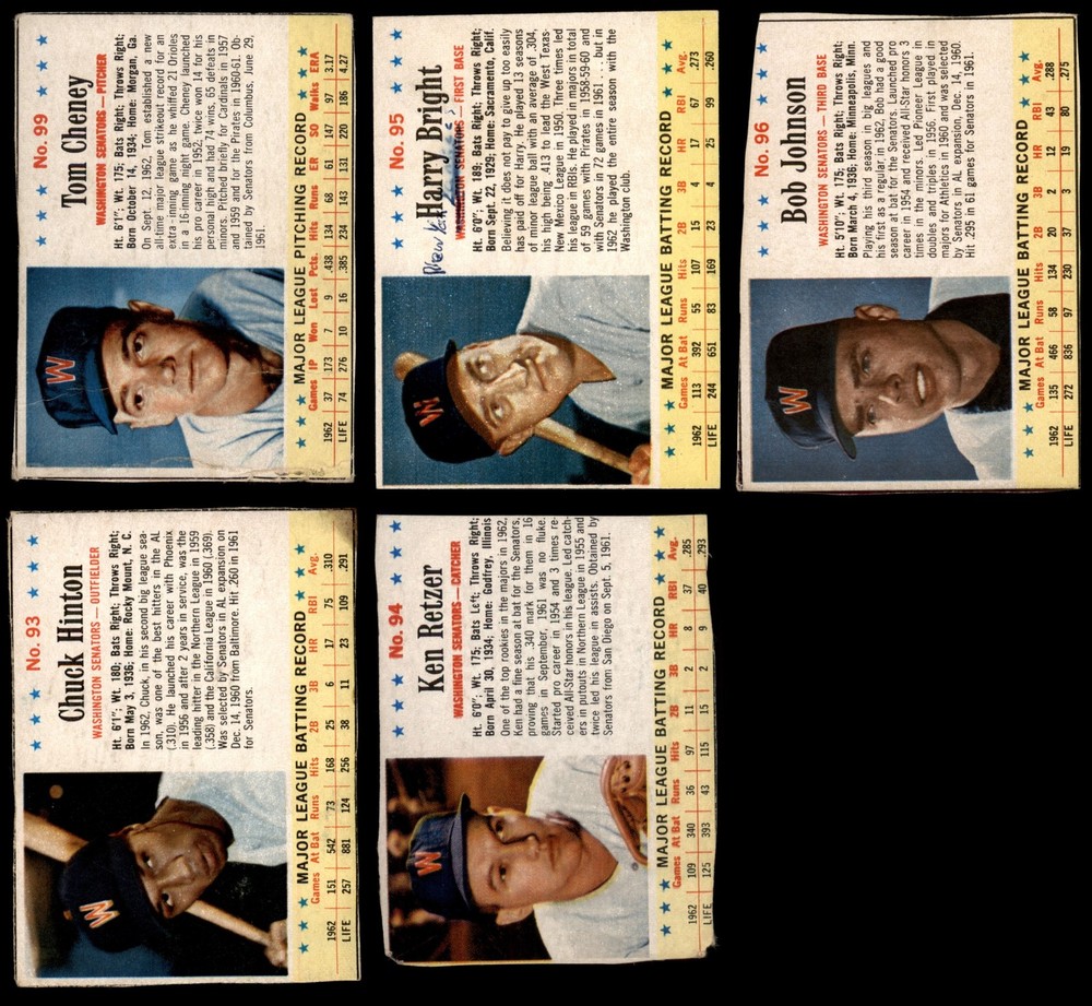 1963 Post Cereal Senators Near Team Set 1.5 - FAIR 7260177 (5 / 8 cards)