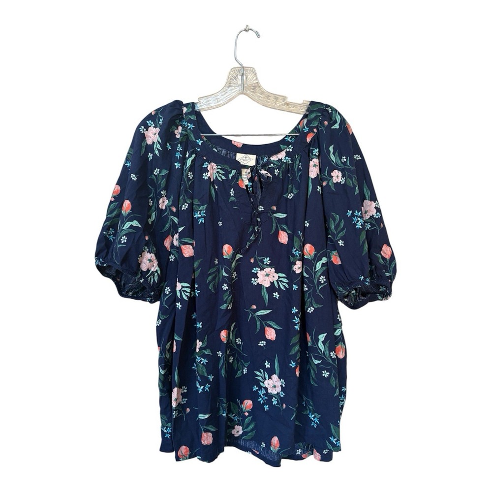 St Johns Bay Womens 2X Boho Peasant Blouse Floral Navy Cotton Rayon