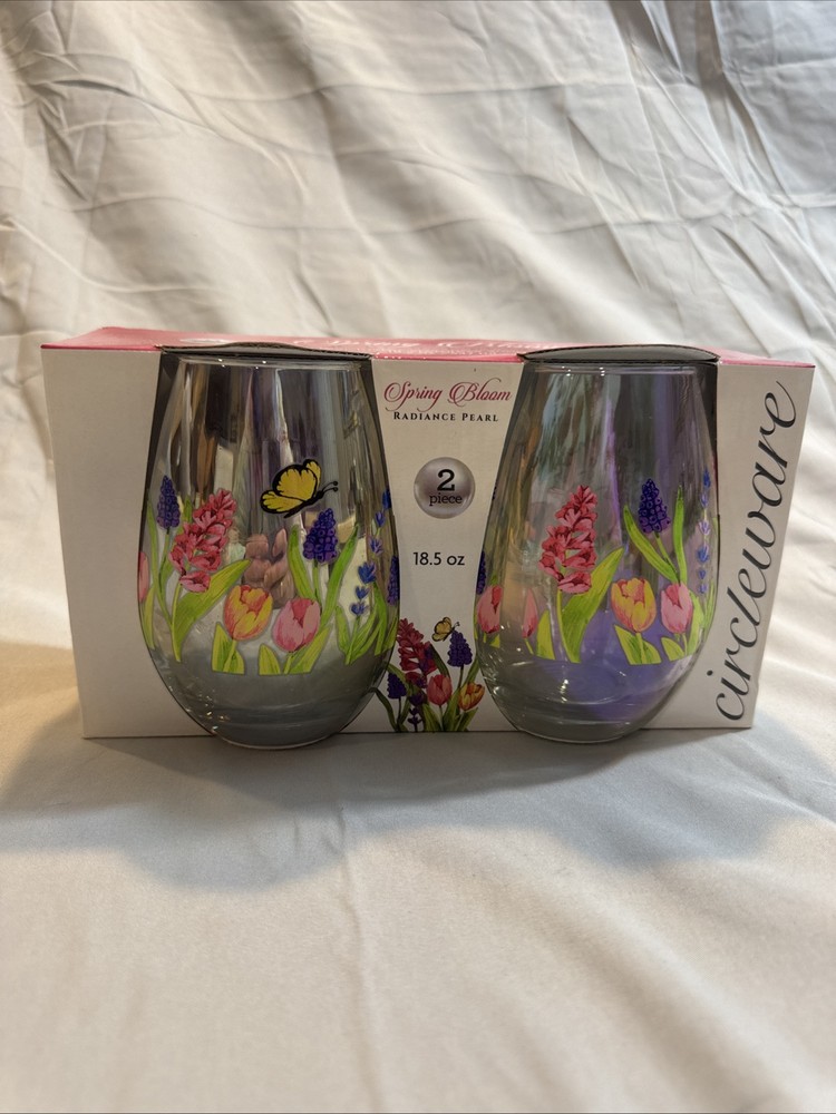 Circleware Spring Bloom Stemless Wine Glass 18.5 oz Clear Radiance Pearl Luster