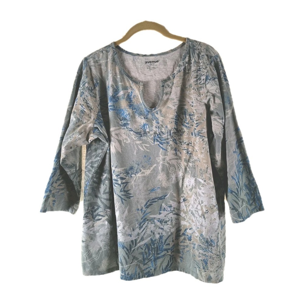 Avenue Women's 18/20 Pullover Top Notch Neck Cotton Knit 3/4 Sleeve Green Blue