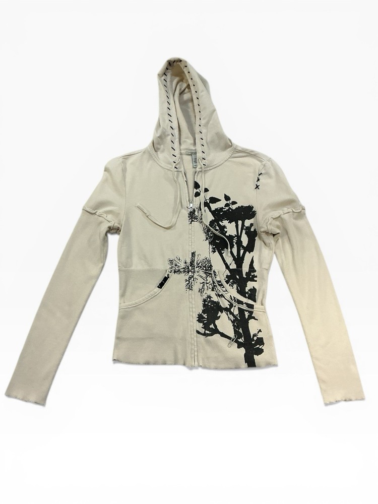 Vintage Y2K Hot Kiss Cream Zip-Up Puff Sleeve Hoodie with Black Floral Graphic M